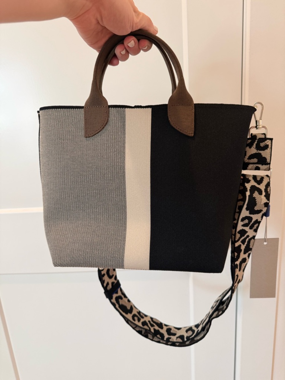 NWT Rothy’s Striped Tote Bag with Leopard Strap - Black, Brown, Gray & Cream